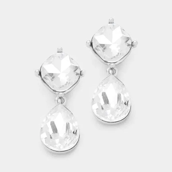Clear Crystal Silver Dangle Pierced Earrings