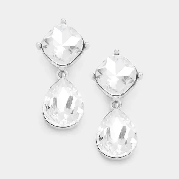 Clear Crystal Silver Dangle Pierced Earrings