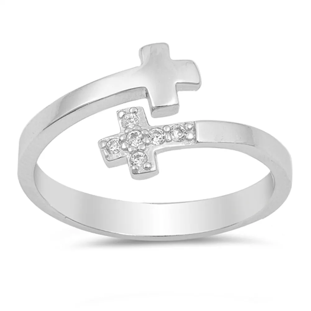 Clear CZ Open Criss Cross Adjustable Ring .925 Sterling Silver Band Sizes 4-10