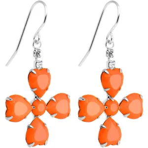 Clear Gem Orange Neon Four Leaf Flower Dangle Earrings