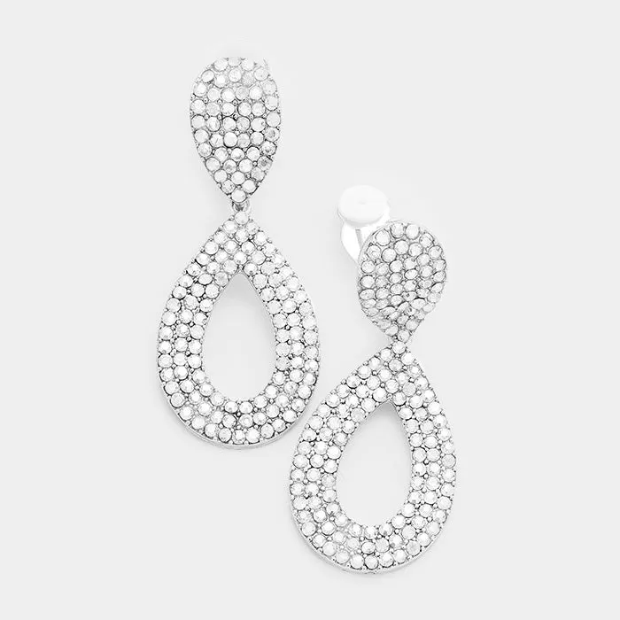 Clear Pave Crystal Rhinestone Cut Out Teardrop Clip on Earrings