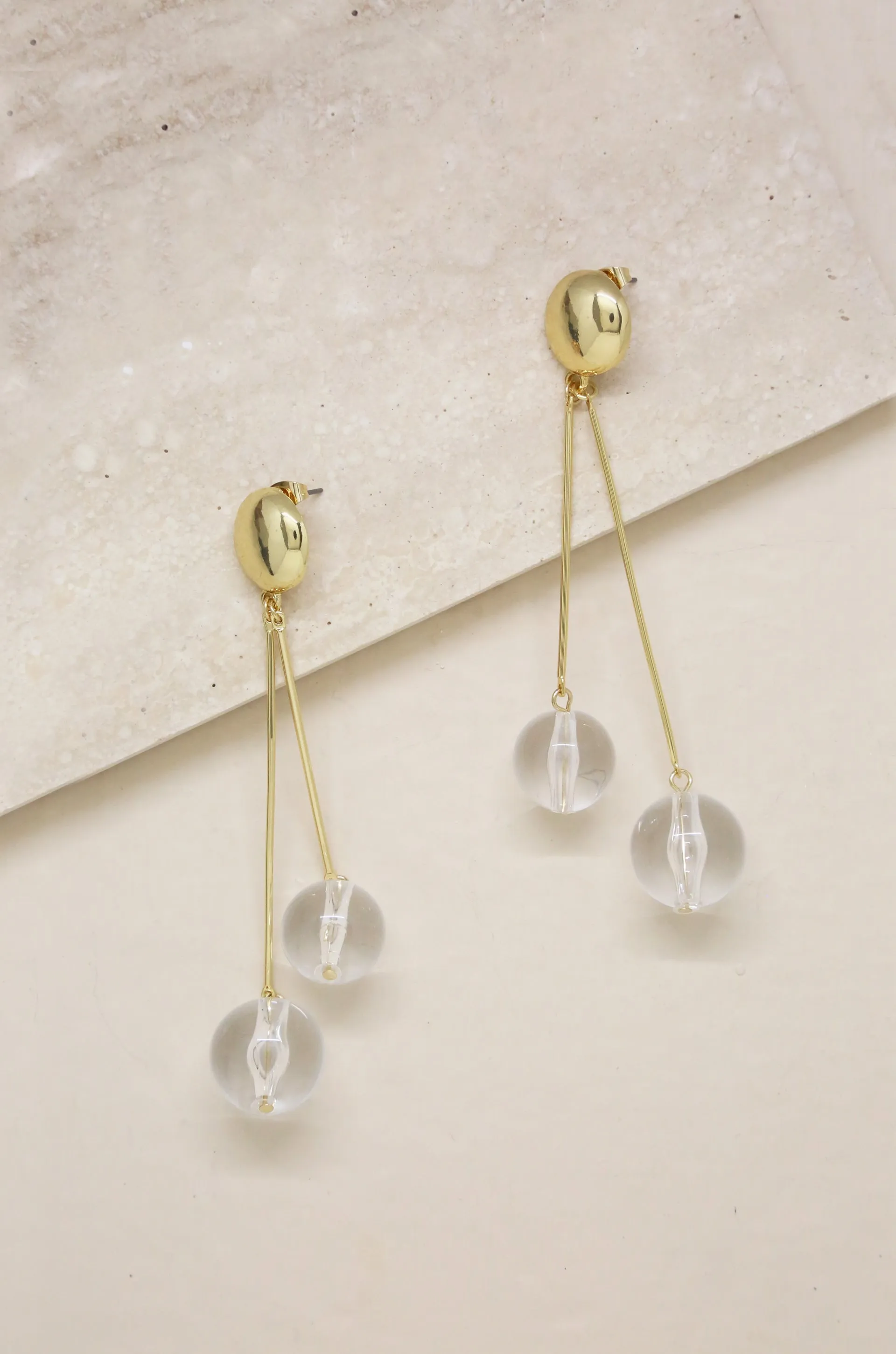 Clear Resin Ball Drop Earrings in Gold