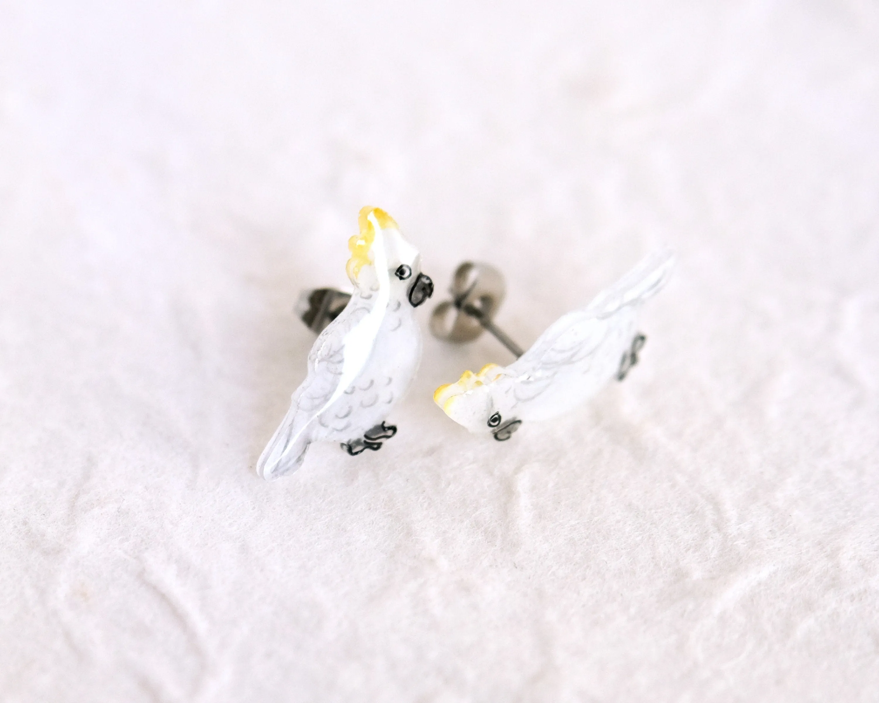 Cockatoo White & Yellow Bird Stud Earrings