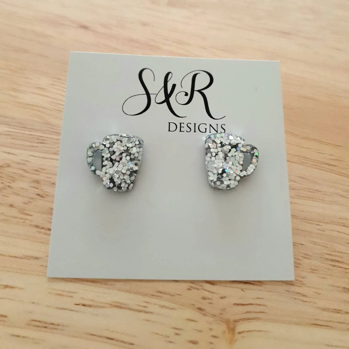 Coffee Mug Stud Earrings, Silver Holographic Glitter Coffee Cup Earrings, Coffee Lovers, Stainless Steel Studs
