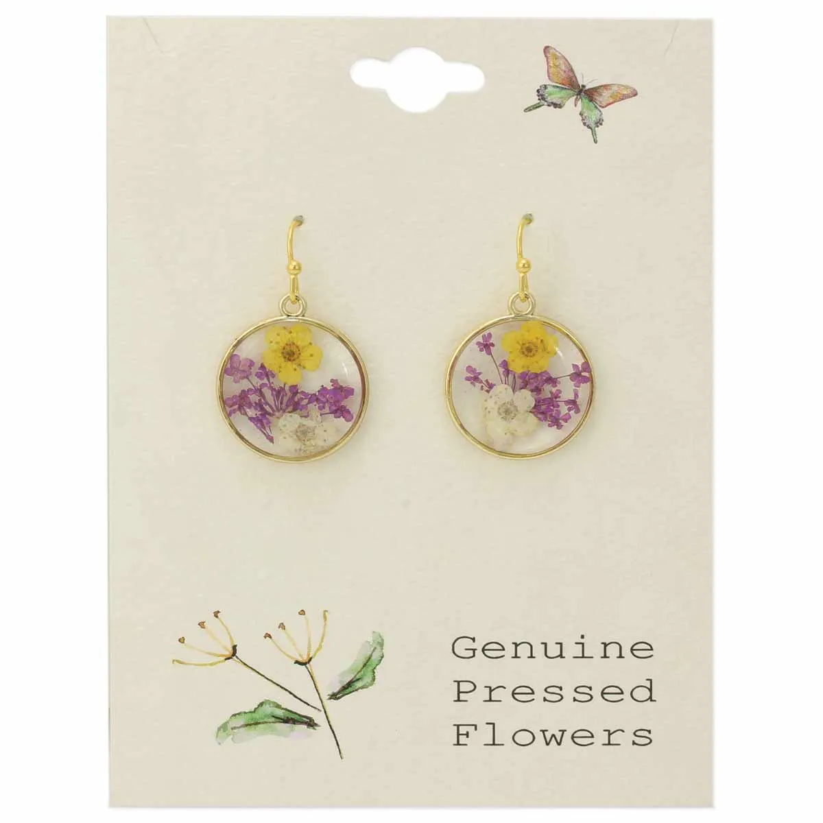 Cottage Purple Yellow Dried Flower Round Earrings