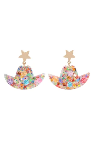 COWBOY HAT RESIN GLITTER CANDY STUD EARRING