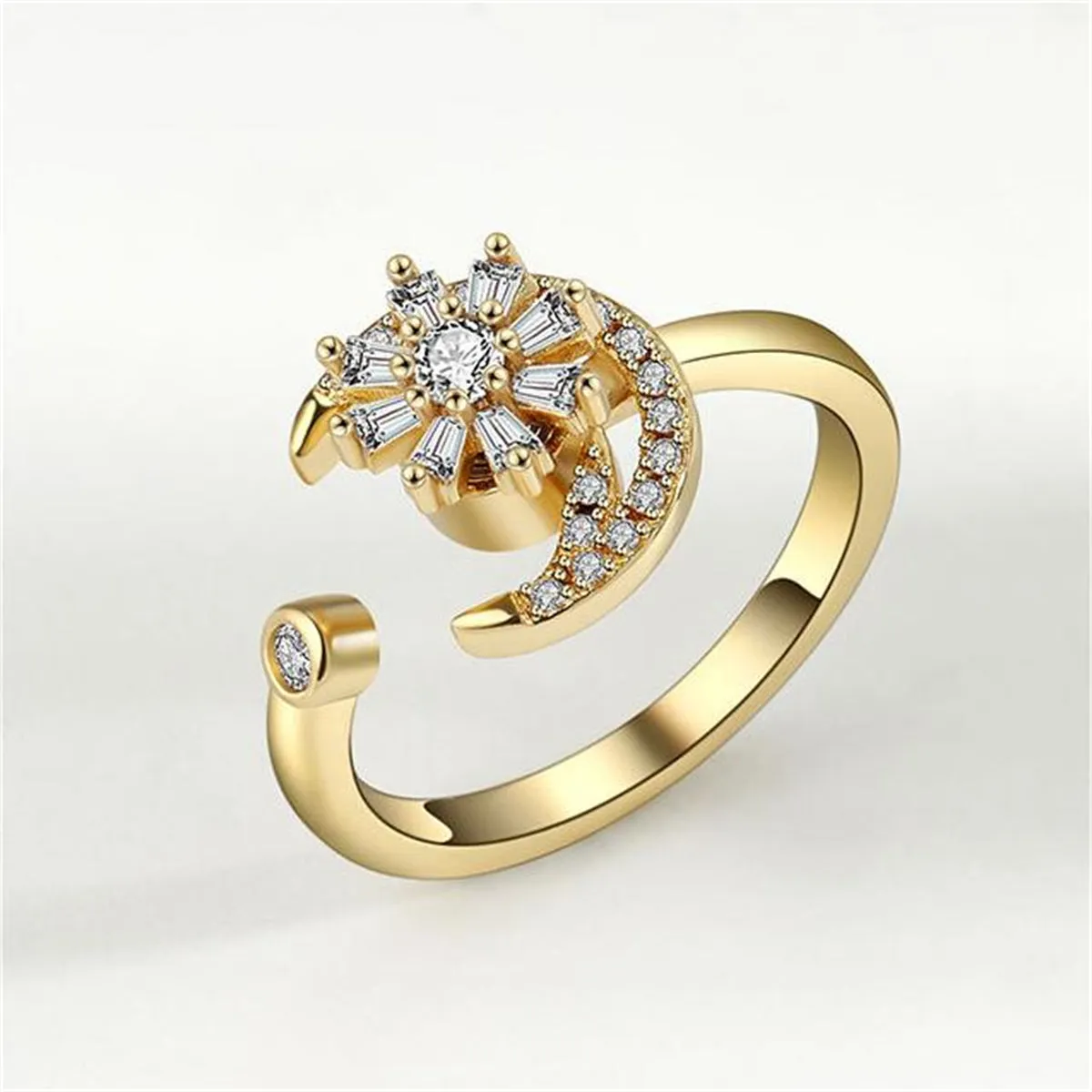 Crystal & 18K Gold-Plated Rotating Flower Moon Open Ring