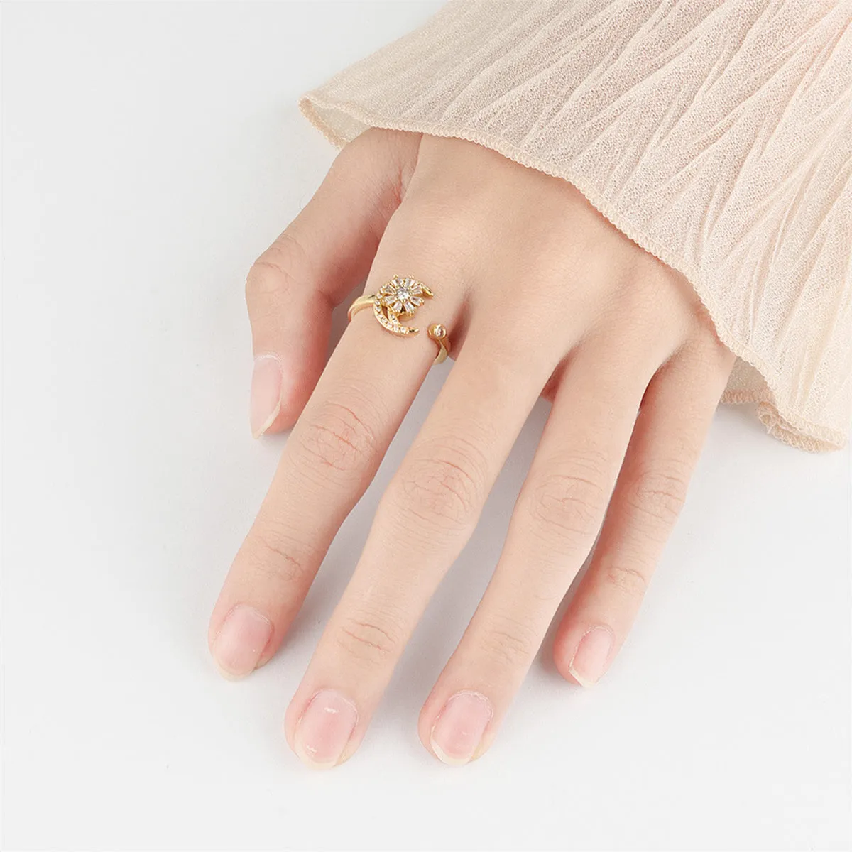Crystal & 18K Gold-Plated Rotating Flower Moon Open Ring