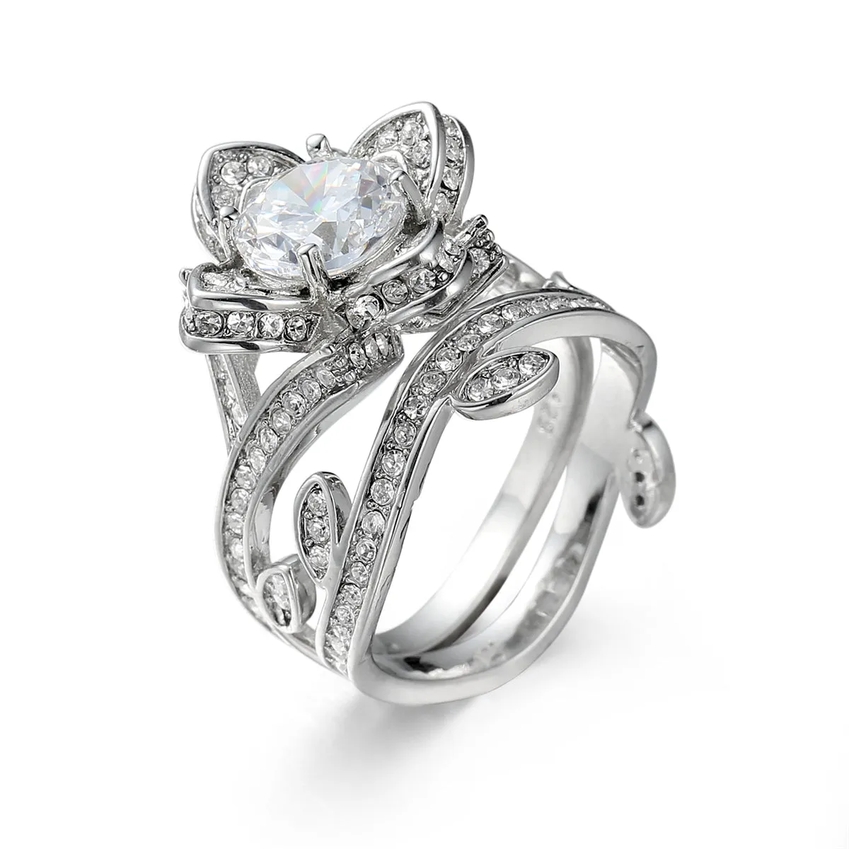 Crystal & Cubic Zirconia Silver-Plated Flower Ring Set