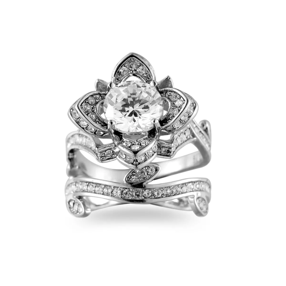 Crystal & Cubic Zirconia Silver-Plated Flower Ring Set