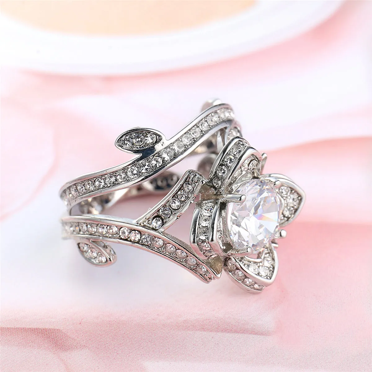 Crystal & Cubic Zirconia Silver-Plated Flower Ring Set