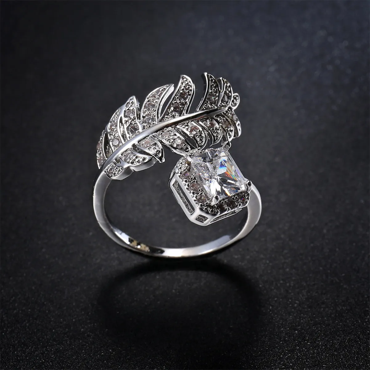 Crystal & Cubic Zirconia Silver-Plated Leaf Bypass Ring