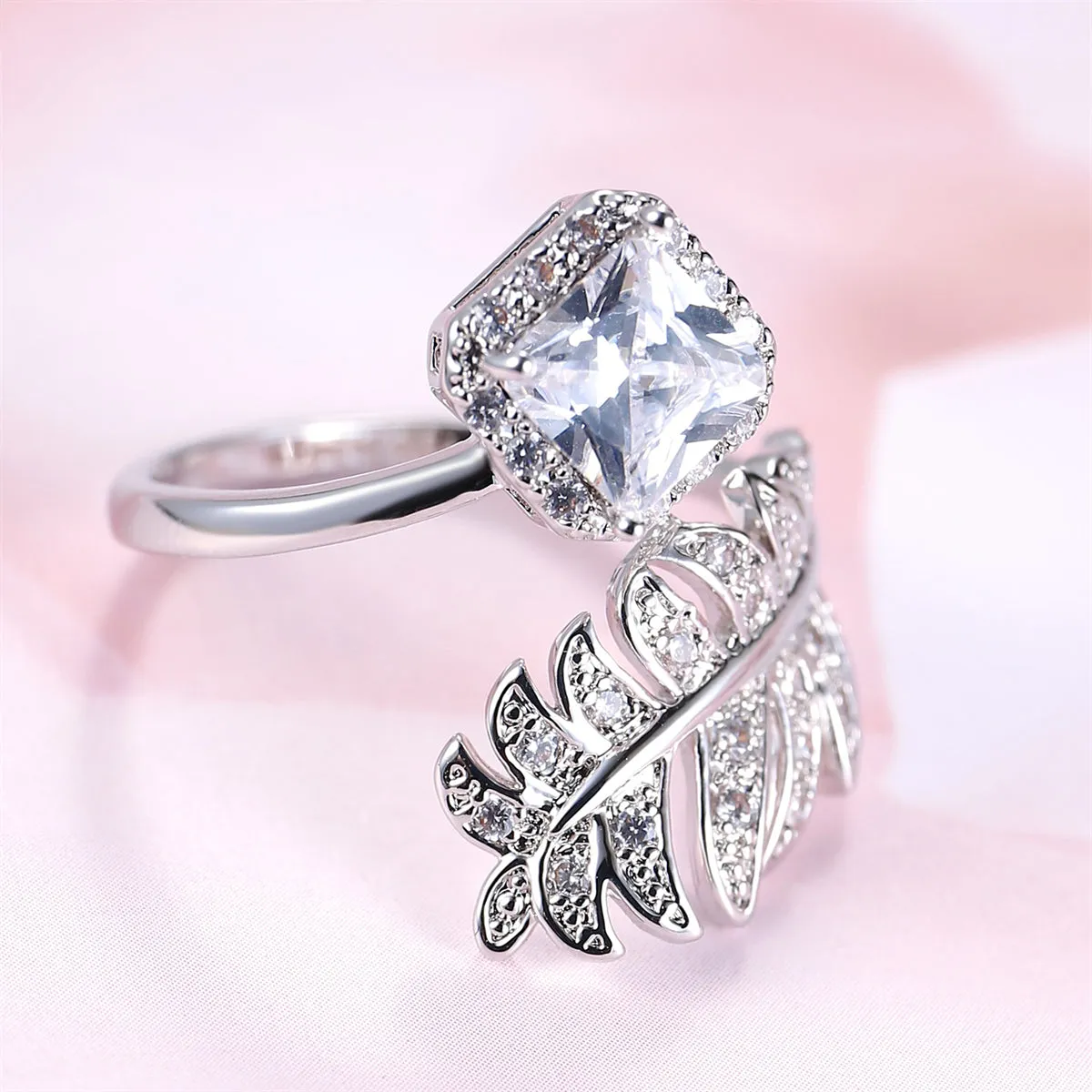 Crystal & Cubic Zirconia Silver-Plated Leaf Bypass Ring