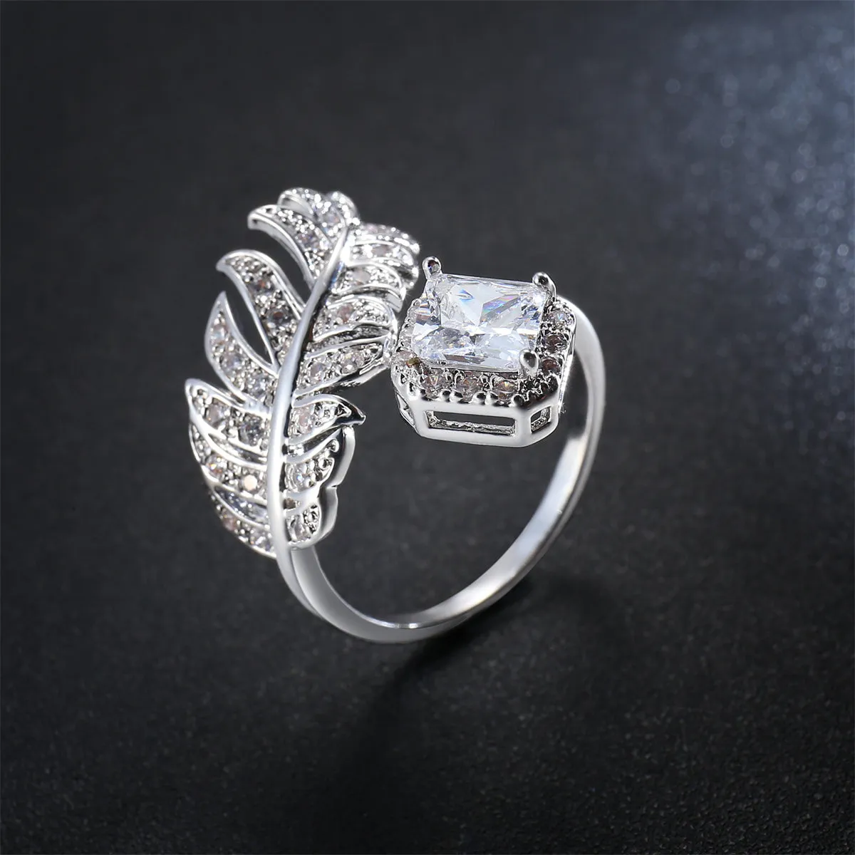 Crystal & Cubic Zirconia Silver-Plated Leaf Bypass Ring
