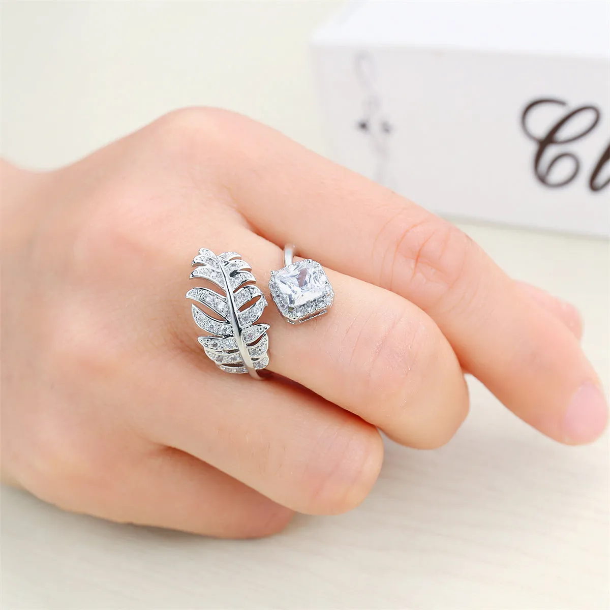 Crystal & Cubic Zirconia Silver-Plated Leaf Bypass Ring