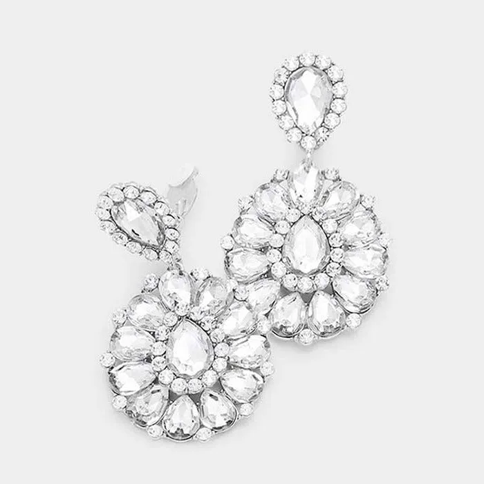 Crystal Clear Teardrop Cluster Statement Silver Clip on Earrings