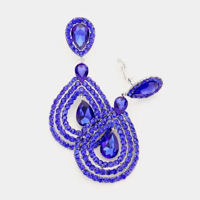 Crystal Pave Trimmed Teardrop Blue Clip On Earrings