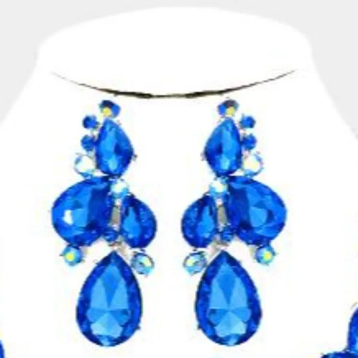 Crystal Teardrop Blue Cluster Vine Evening Necklace Set