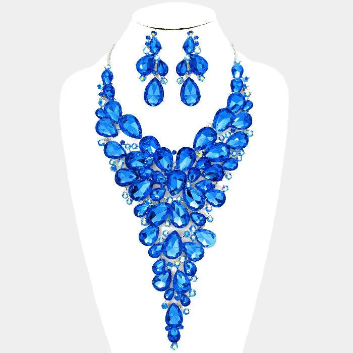 Crystal Teardrop Blue Cluster Vine Evening Necklace Set