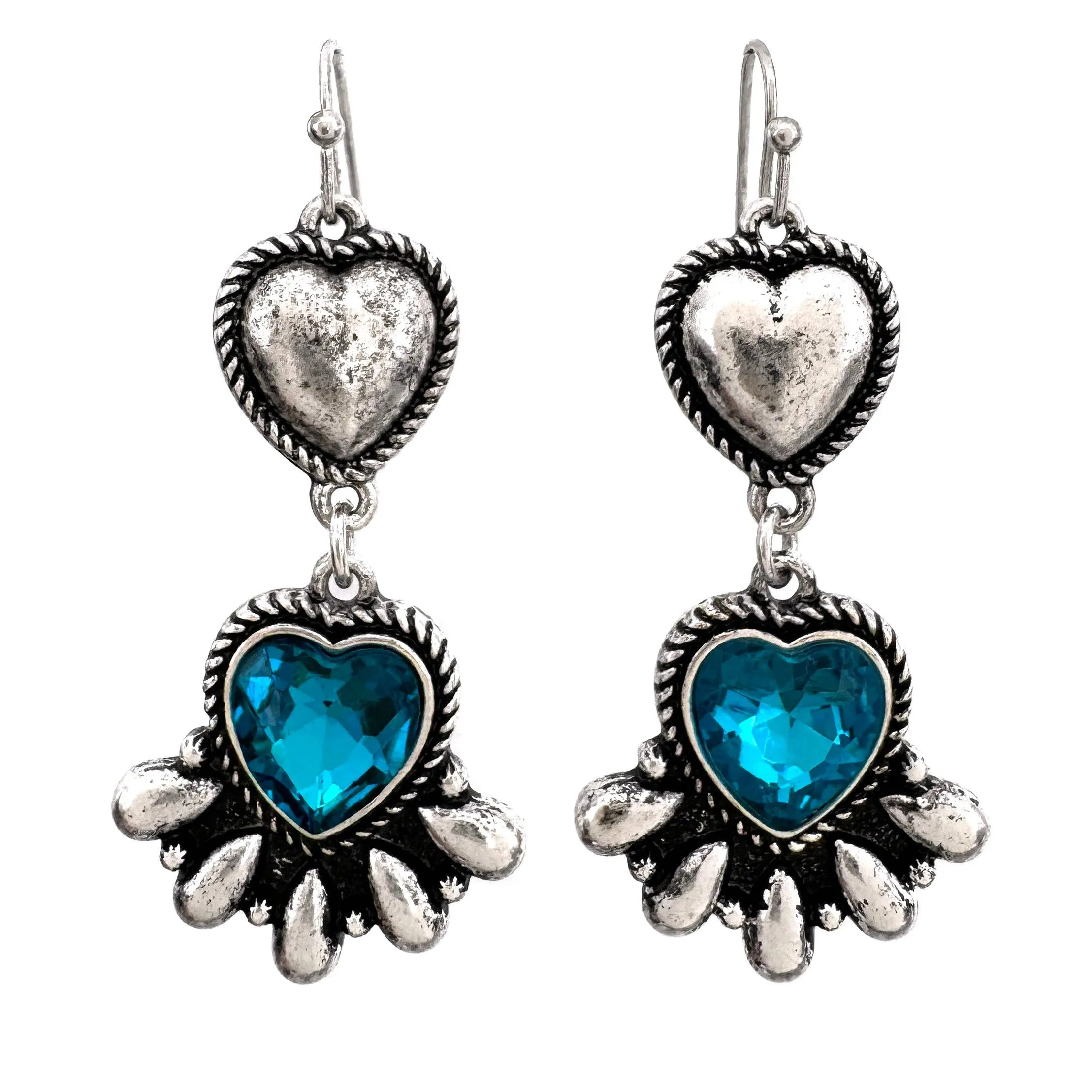 Crystal Turquoise Navajo Heart Blossom Silver Earrings: