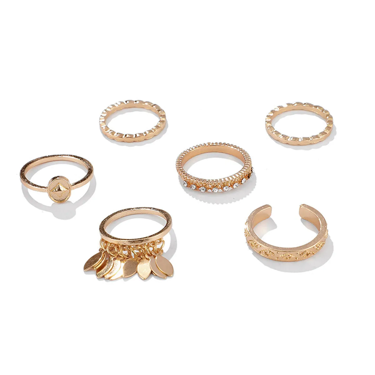 Cubic Zirconia & 18K Gold-Plated Leaves Tassel Ring Set