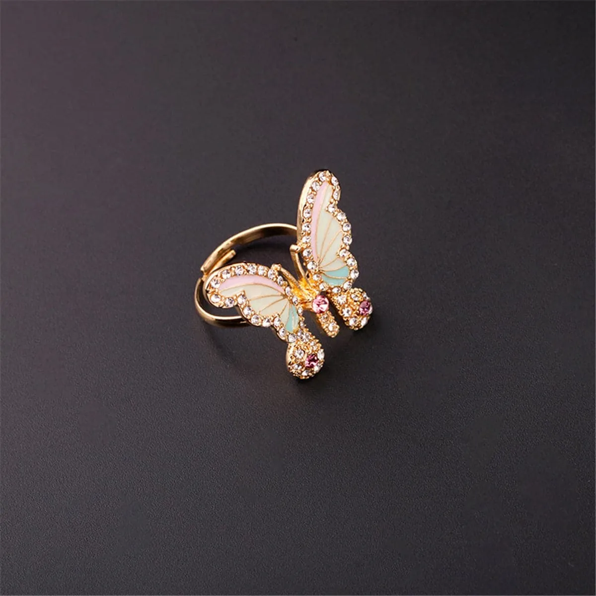 Cubic Zirconia & Enamel 18K Gold-Plated Pastel Butterfly Adjustable Ring