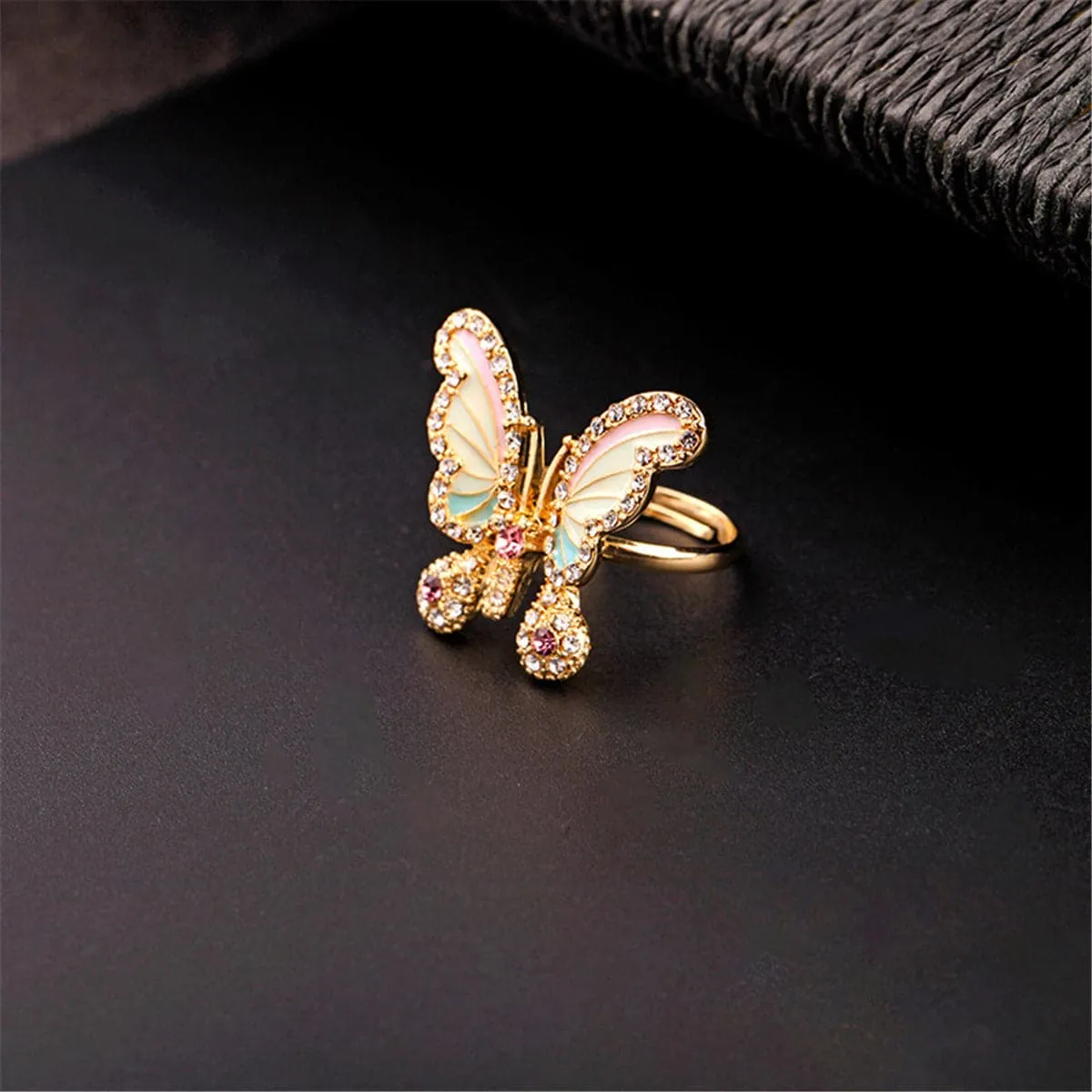 Cubic Zirconia & Enamel 18K Gold-Plated Pastel Butterfly Adjustable Ring