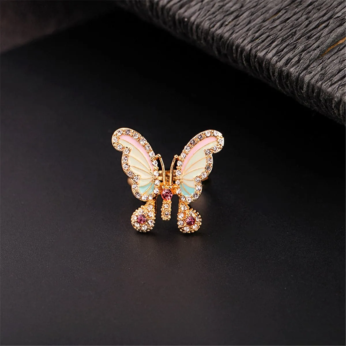 Cubic Zirconia & Enamel 18K Gold-Plated Pastel Butterfly Adjustable Ring