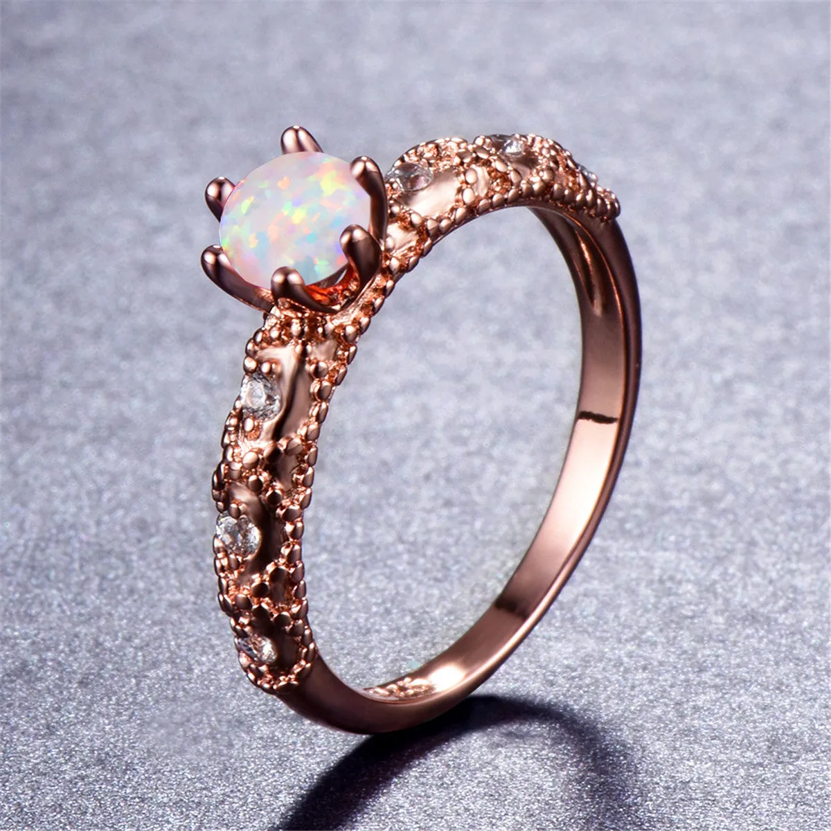 Cubic Zirconia & Opal Round Solitaire Ring