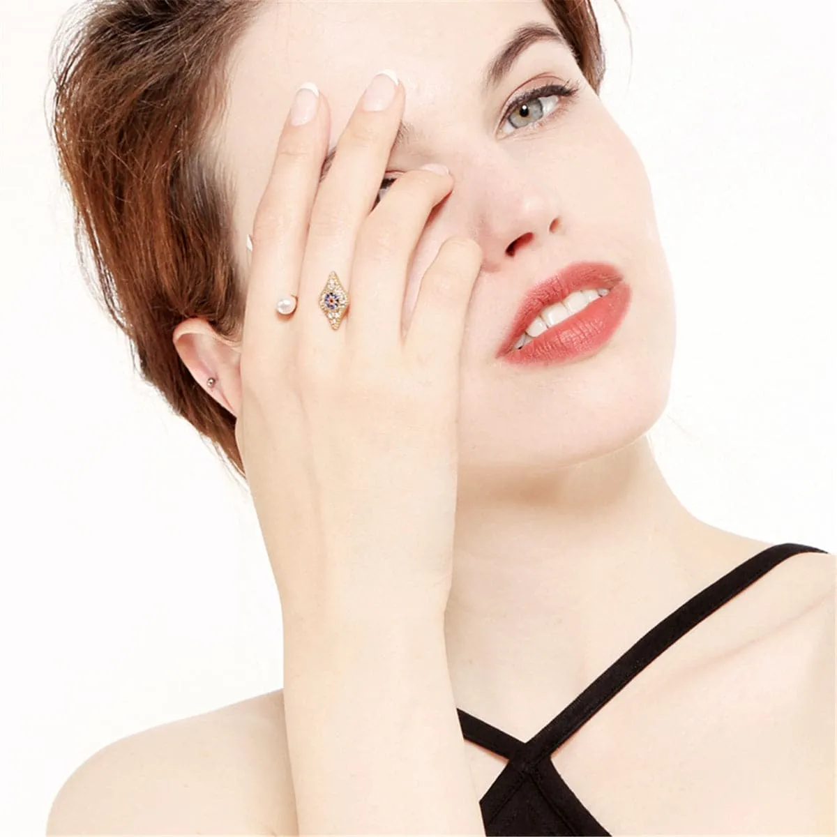 Cubic Zirconia & Pearl 18k Gold-Plated Eye Open Ring