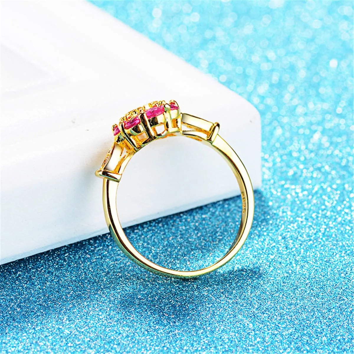 Cubic Zirconia & Red Crystal Flower Halo Ring