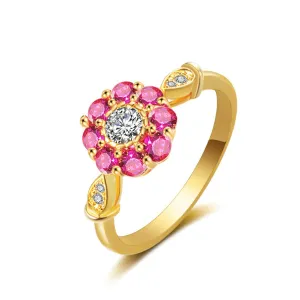 Cubic Zirconia & Red Crystal Flower Halo Ring