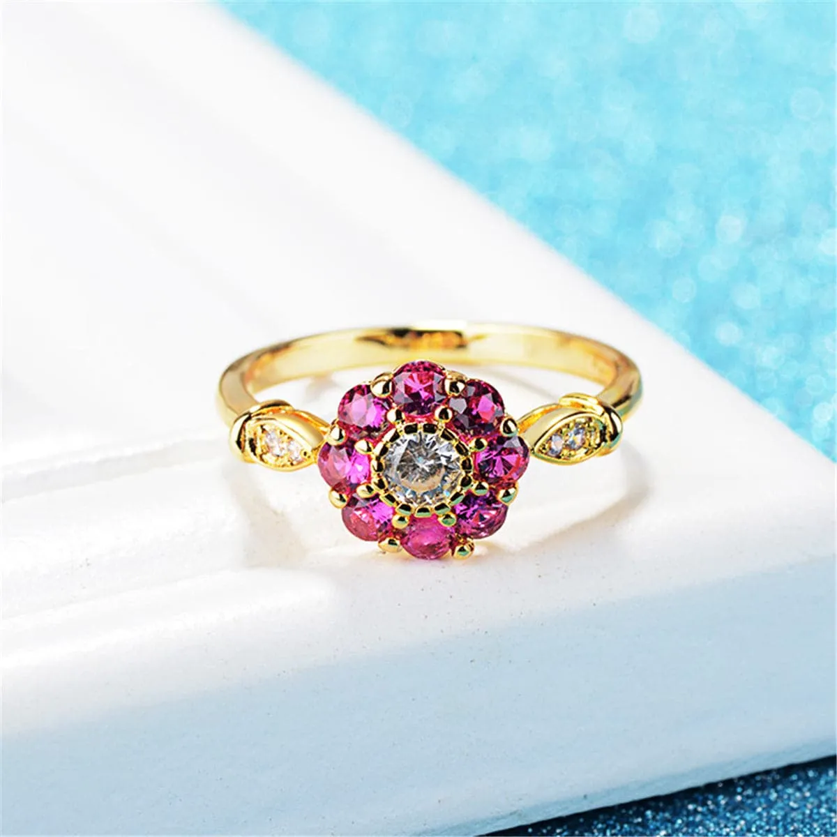 Cubic Zirconia & Red Crystal Flower Halo Ring