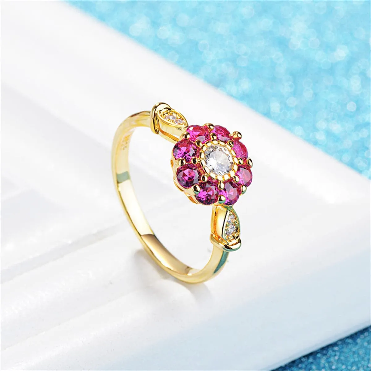 Cubic Zirconia & Red Crystal Flower Halo Ring