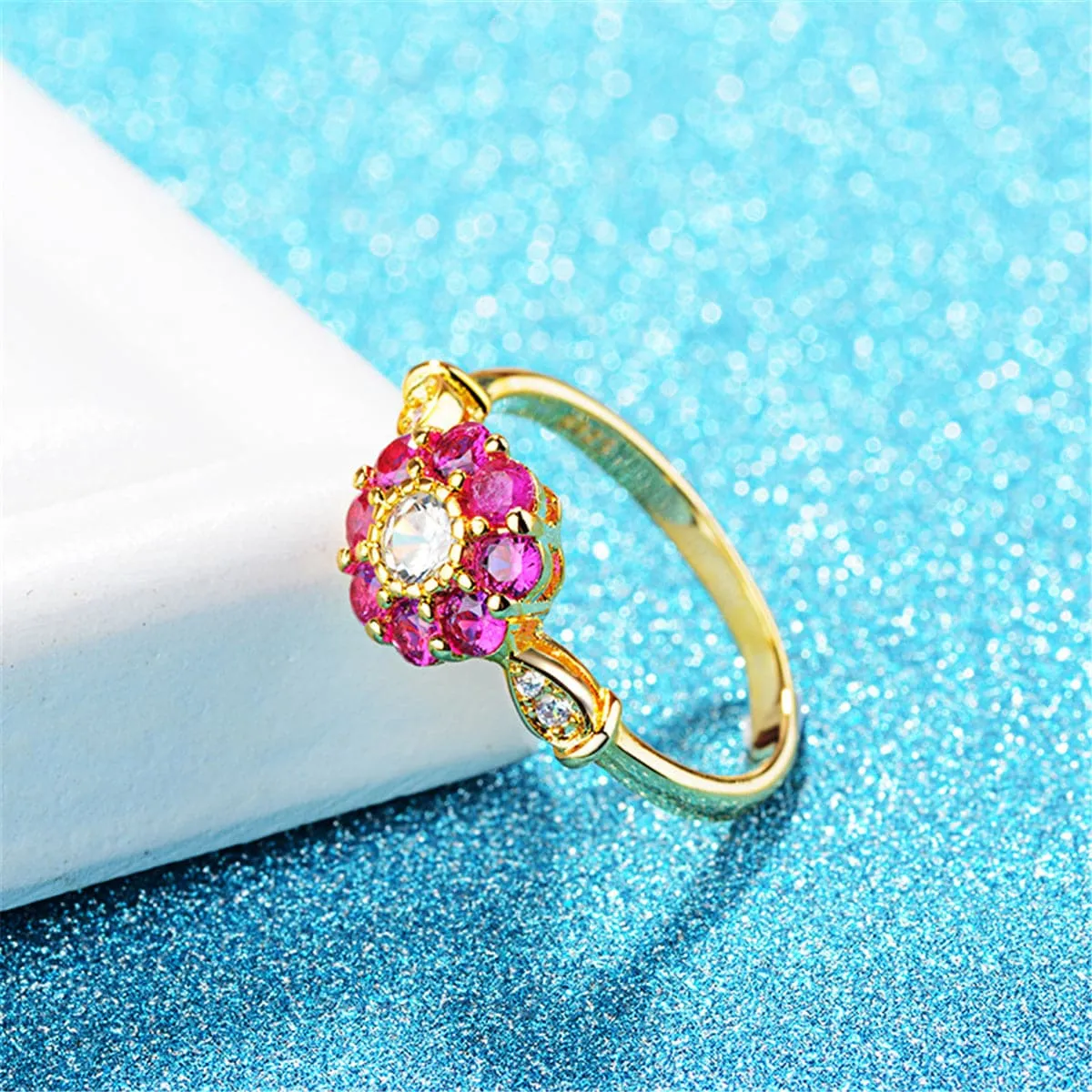 Cubic Zirconia & Red Crystal Flower Halo Ring