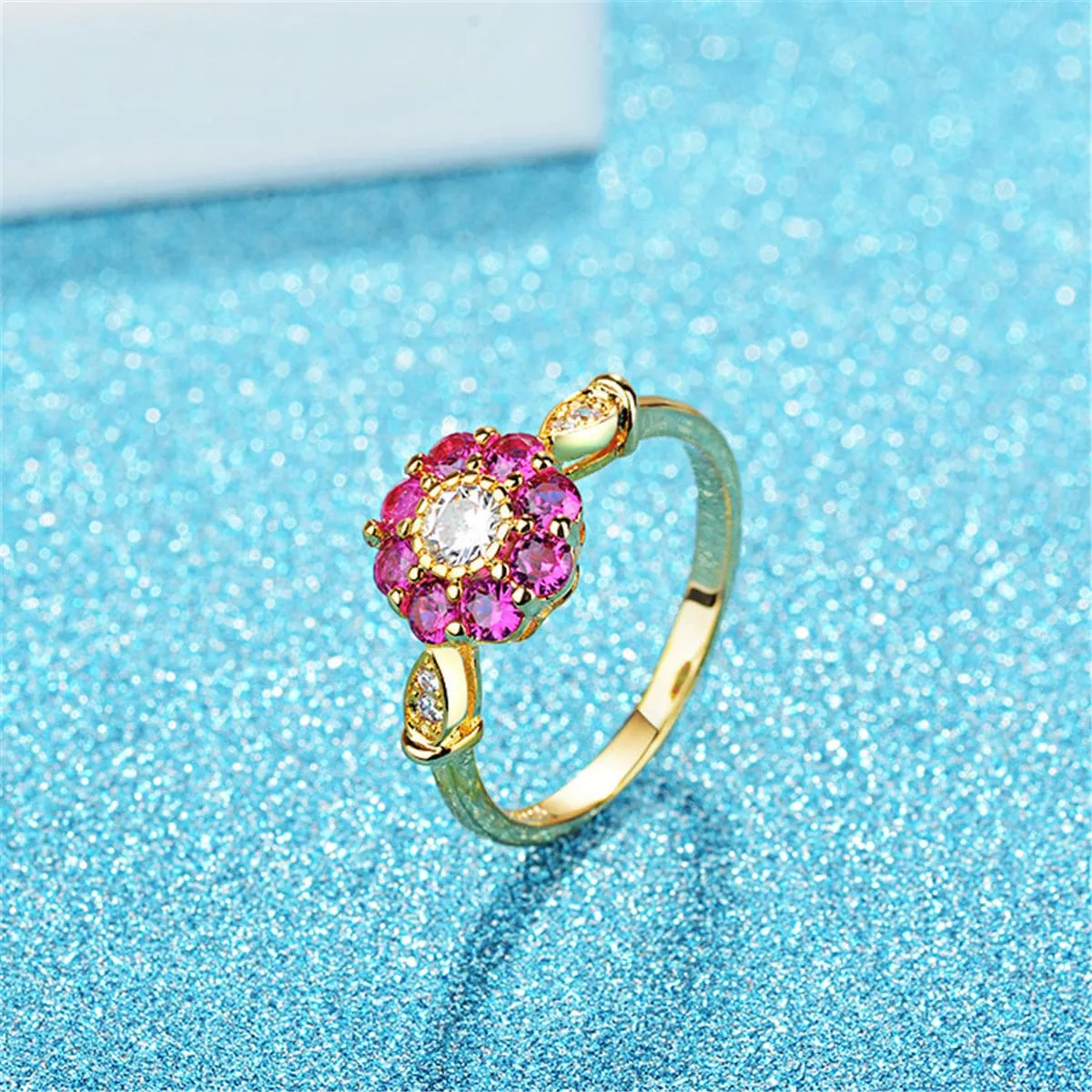 Cubic Zirconia & Red Crystal Flower Halo Ring