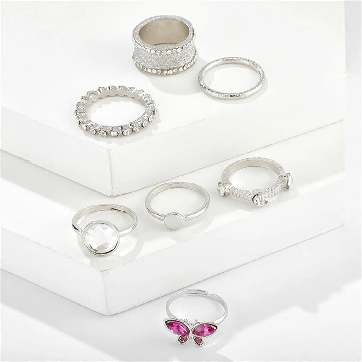 Cubic Zirconia & Silver-Plated Butterfly Ring Set