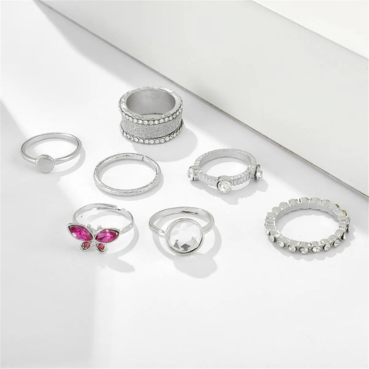 Cubic Zirconia & Silver-Plated Butterfly Ring Set