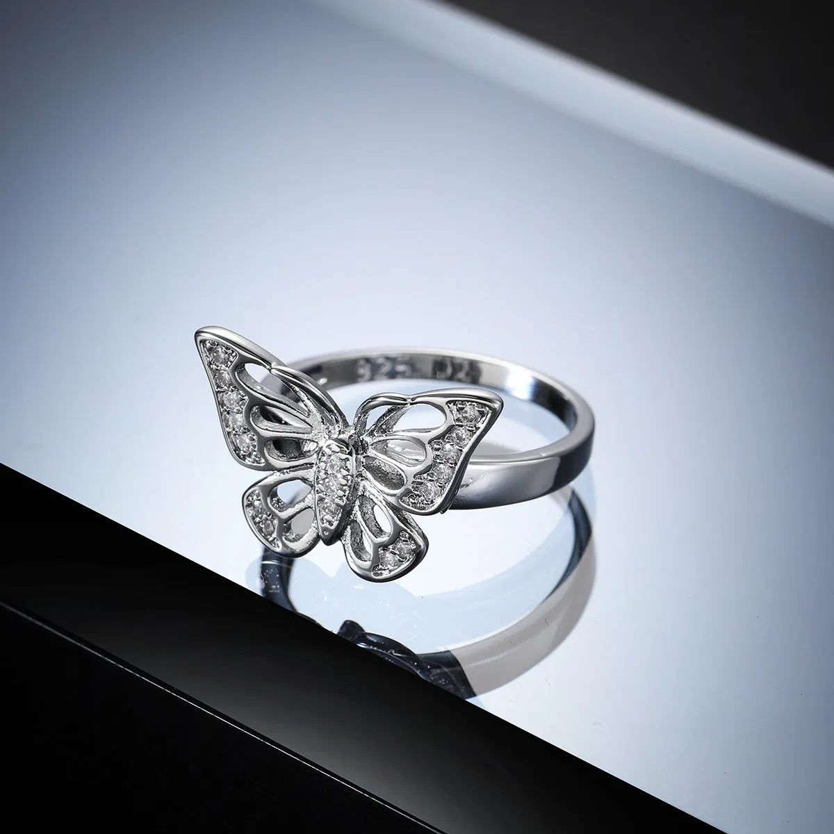 Cubic Zirconia & Silver-Plated Butterfly Ring