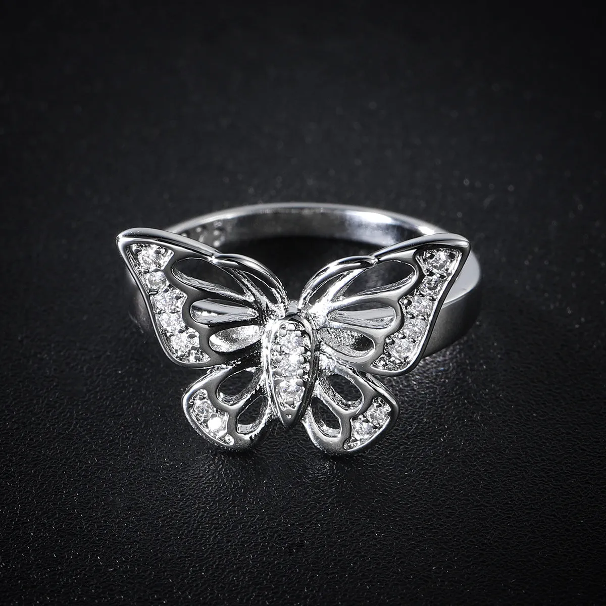 Cubic Zirconia & Silver-Plated Butterfly Ring