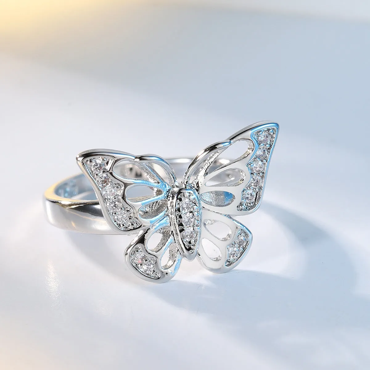 Cubic Zirconia & Silver-Plated Butterfly Ring