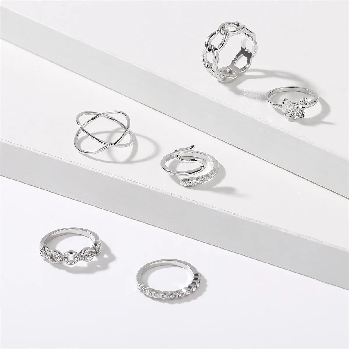 Cubic Zirconia & Silver-Plated Butterfly Snake Ring Set