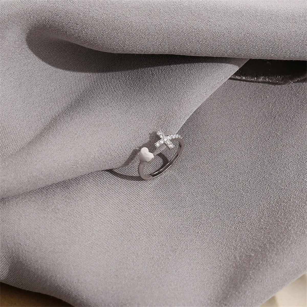 Cubic Zirconia & Silver-Plated Pavé Heart Cross Bypass Ring