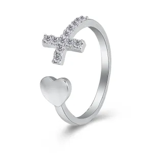 Cubic Zirconia & Silver-Plated Pavé Heart Cross Bypass Ring