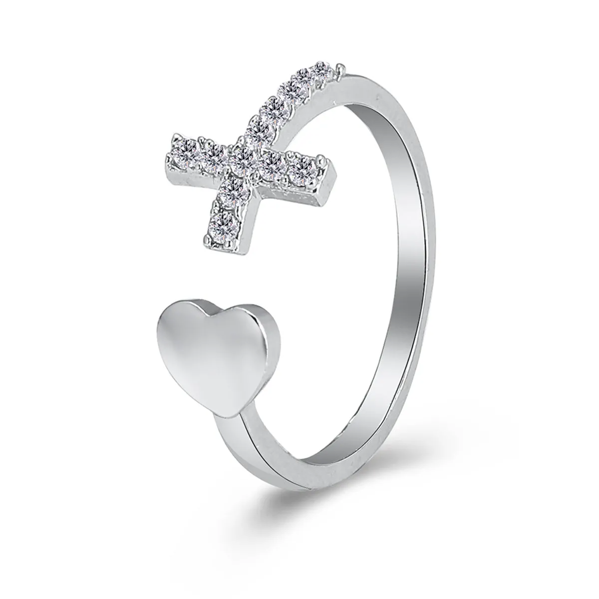 Cubic Zirconia & Silver-Plated Pavé Heart Cross Bypass Ring