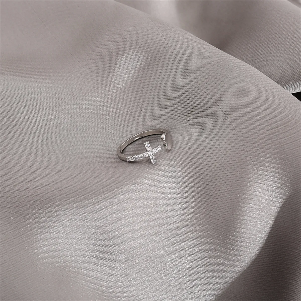 Cubic Zirconia & Silver-Plated Pavé Heart Cross Bypass Ring