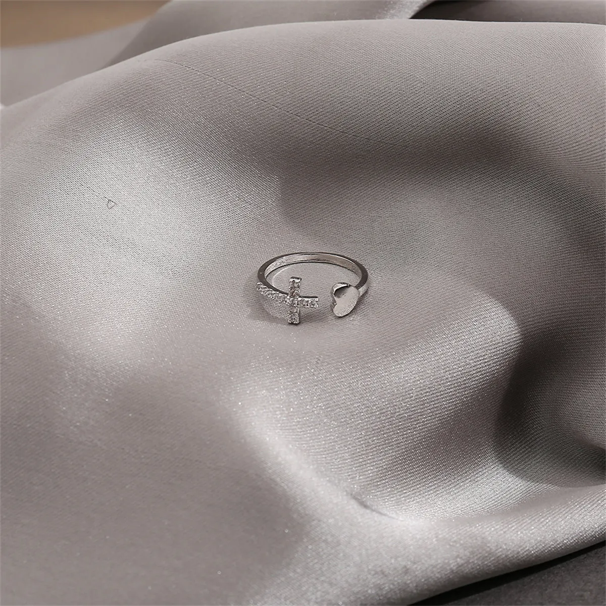 Cubic Zirconia & Silver-Plated Pavé Heart Cross Bypass Ring