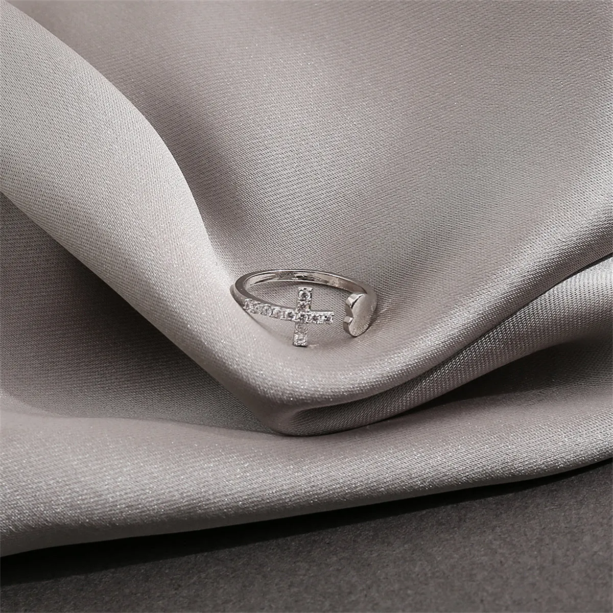 Cubic Zirconia & Silver-Plated Pavé Heart Cross Bypass Ring