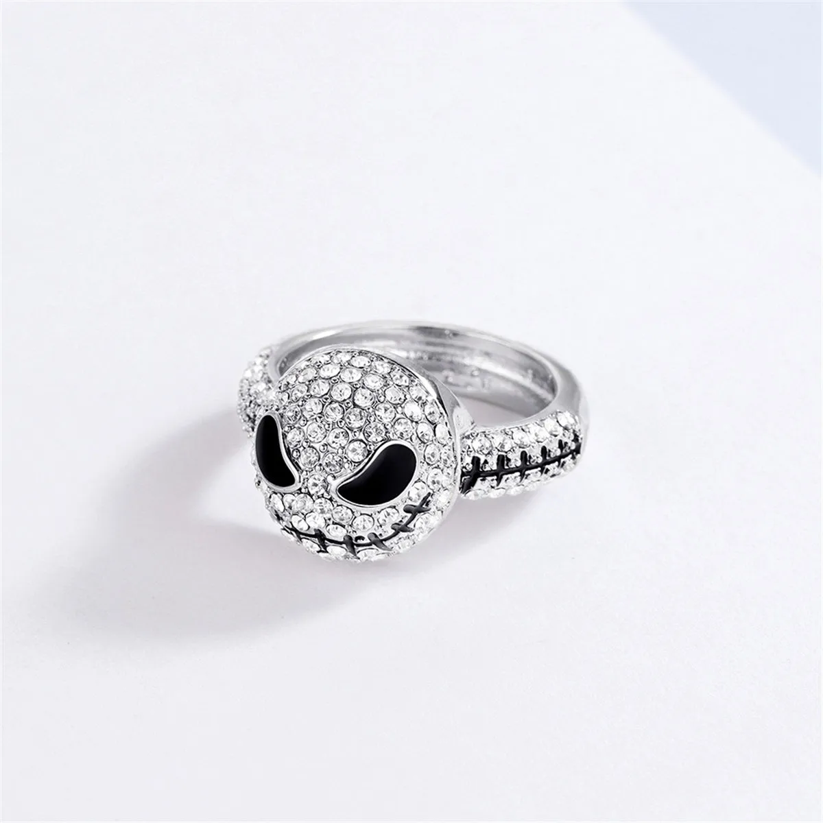 Cubic Zirconia & Silver-Plated Skull Band Ring