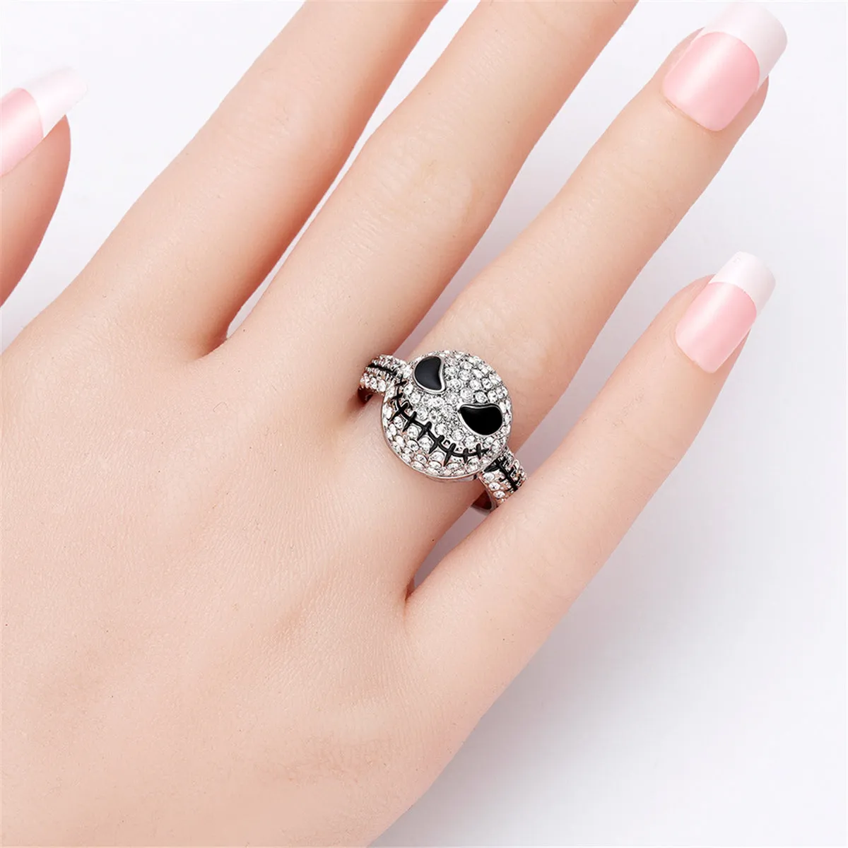 Cubic Zirconia & Silver-Plated Skull Band Ring